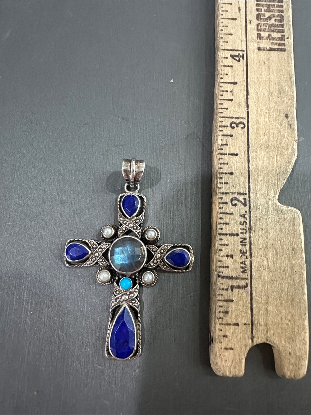 Sterling Cross Pendant with lapis, Labordorite, pearl, turquoise Nicky Butler